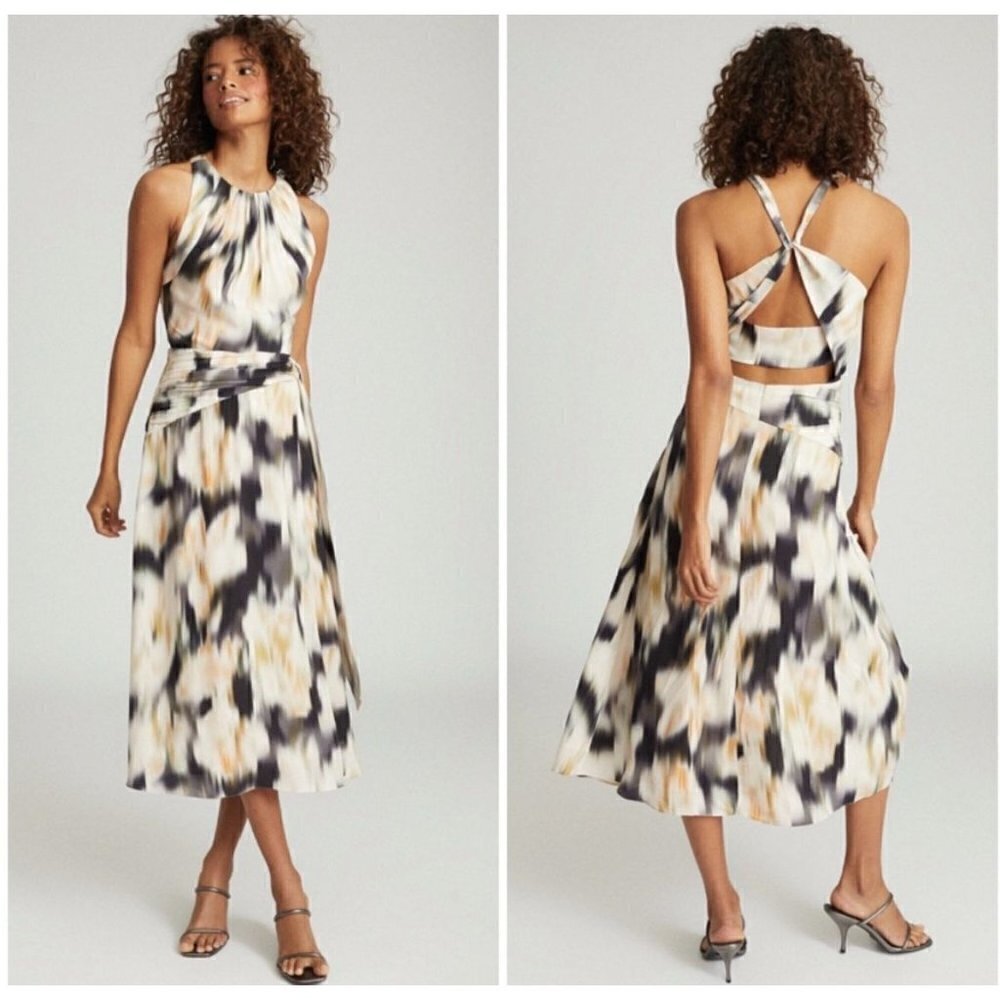 Reiss Gisele Smudge Print Midi Dress Black Cream Grey Womens Size 6